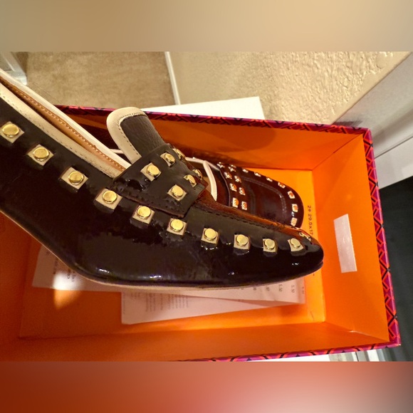 Tory Burch Maroon and Gold Studded Loafers - Picture 2 of 10